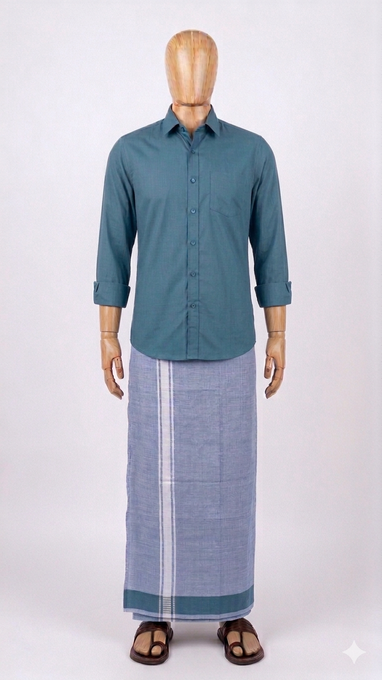 Sky Blue Handloom Mundu/Panche with White Border