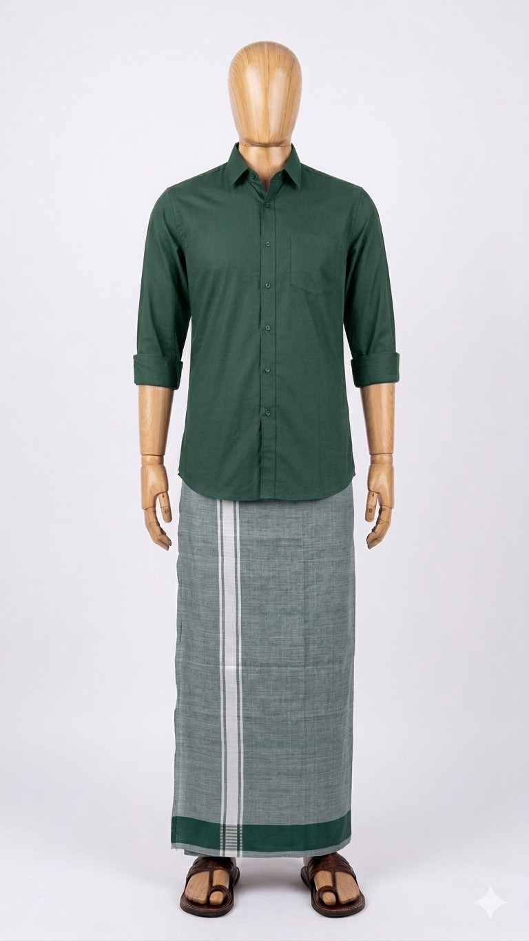 Light Green Handloom Mundu/Panche with White Border