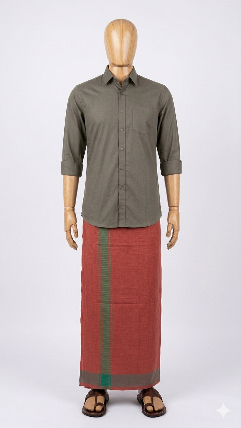 Brown/Kavi Handloom Mundu/Panche with Green Border