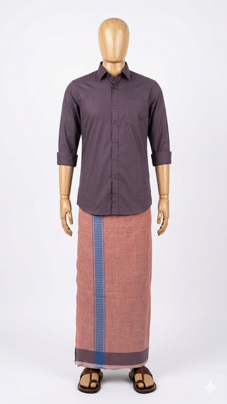 Light Brown Handloom Mundu/Panche with Blue Border