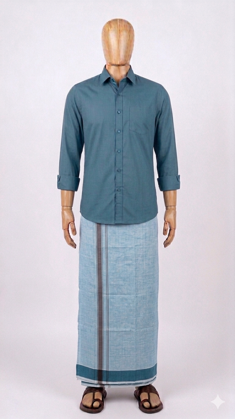Light Blue Handloom Mundu/Panche with Teal Border