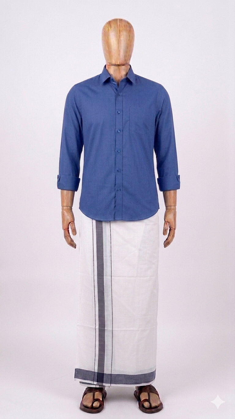 White Handloom Dhoti/Lungi with Blue Border