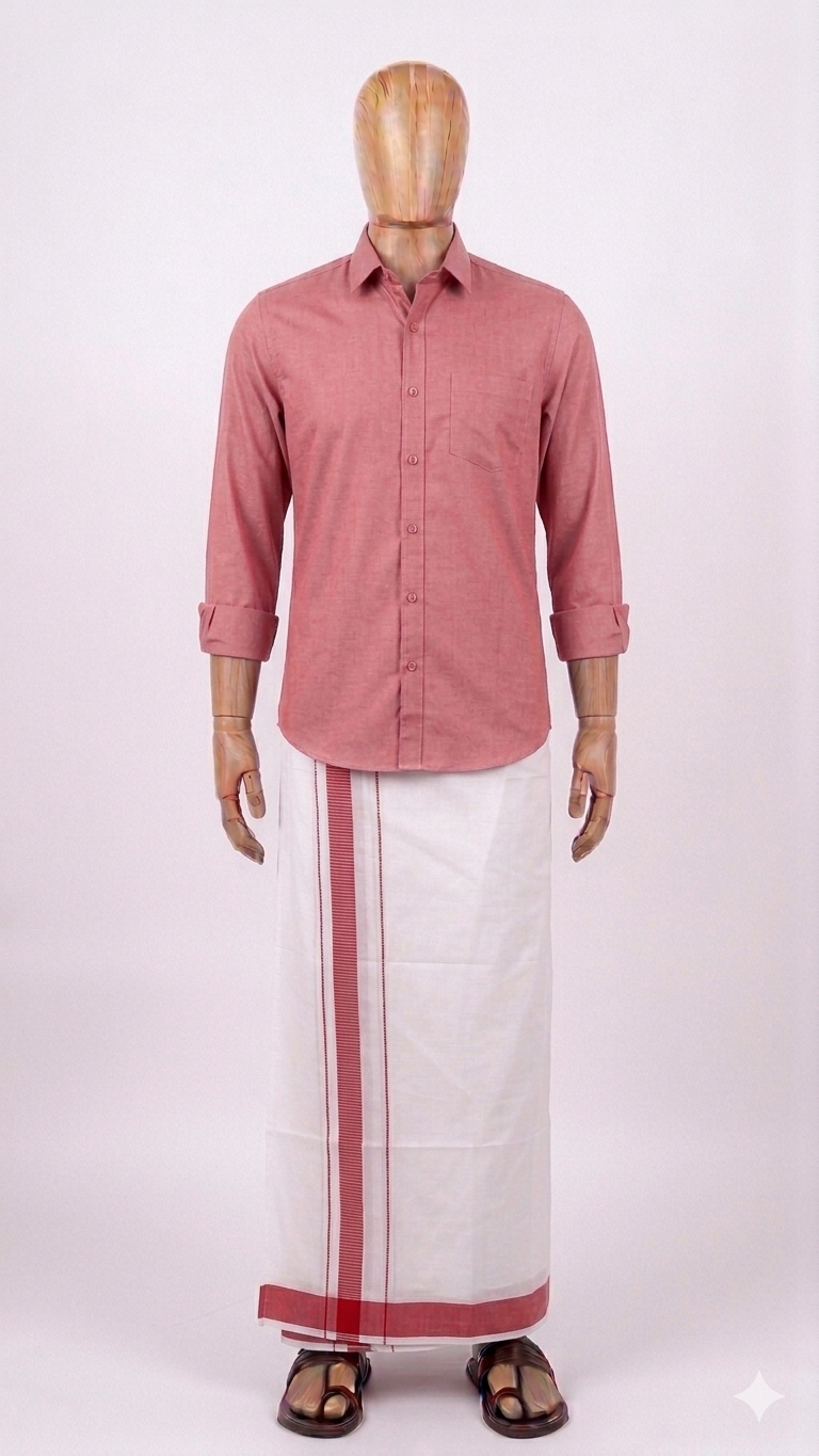 White Handloom Dhoti/Lungi with Light Red Border