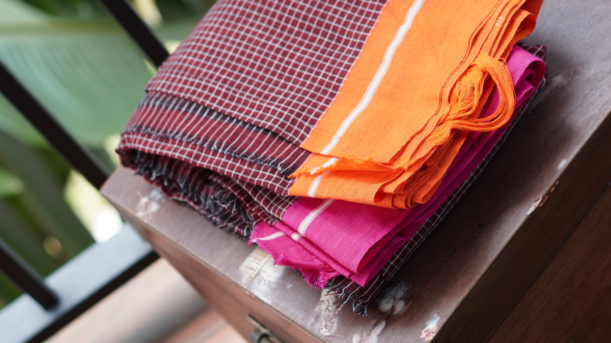 Brown Checkered Patteda Anchu Handloom Saree with Orange and Pink Border