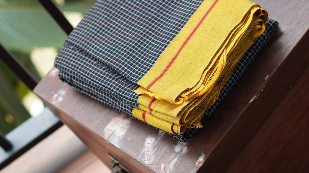 Black Checkered Patteda Anchu Handloom Saree with Mustard Yellow Border