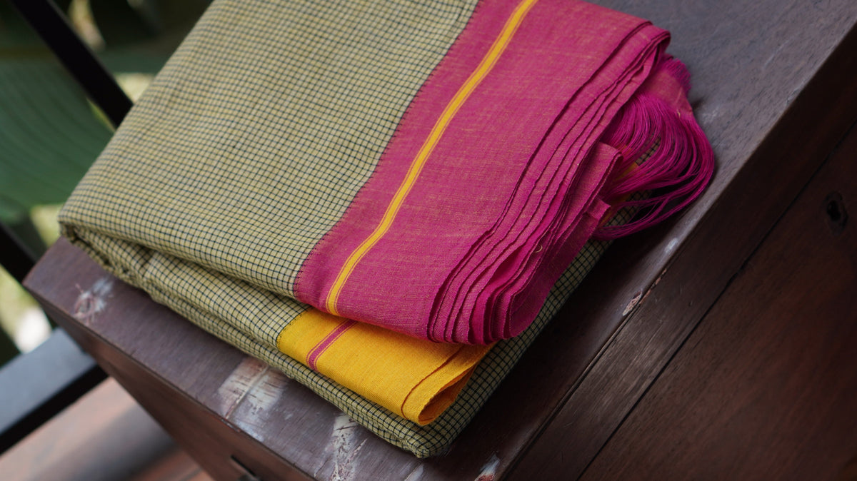 Cream Patteda Anchu Handloom Saree with Pink and Yellow Border