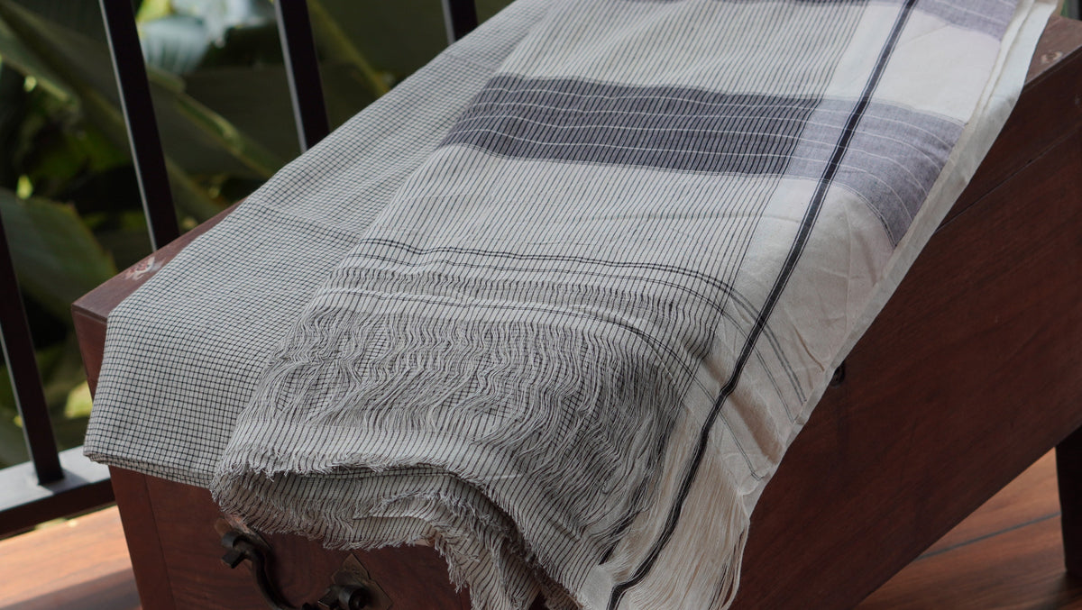 White and Black Checkered Patteda Anchu Handloom Saree with White Border