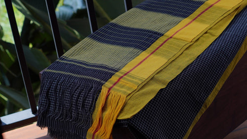Black Checkered Patteda Anchu Handloom Saree with Mustard Yellow Border