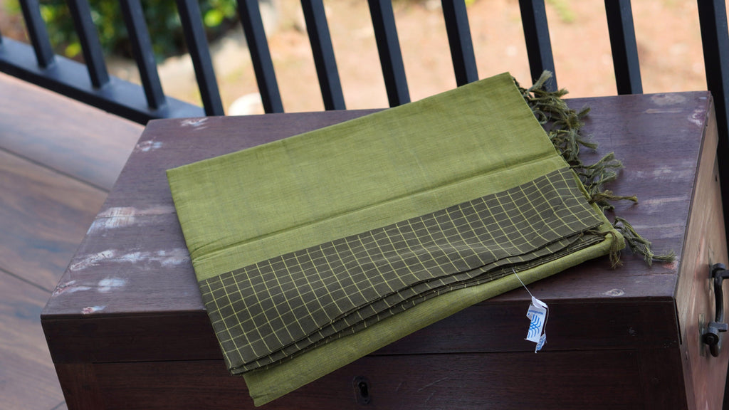 Light Green Kasargod Handloom Saree with Olive Green Checkered Border