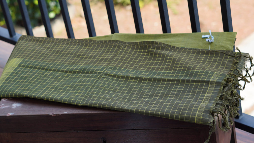 Light Green Kasargod Handloom Saree with Olive Green Checkered Border