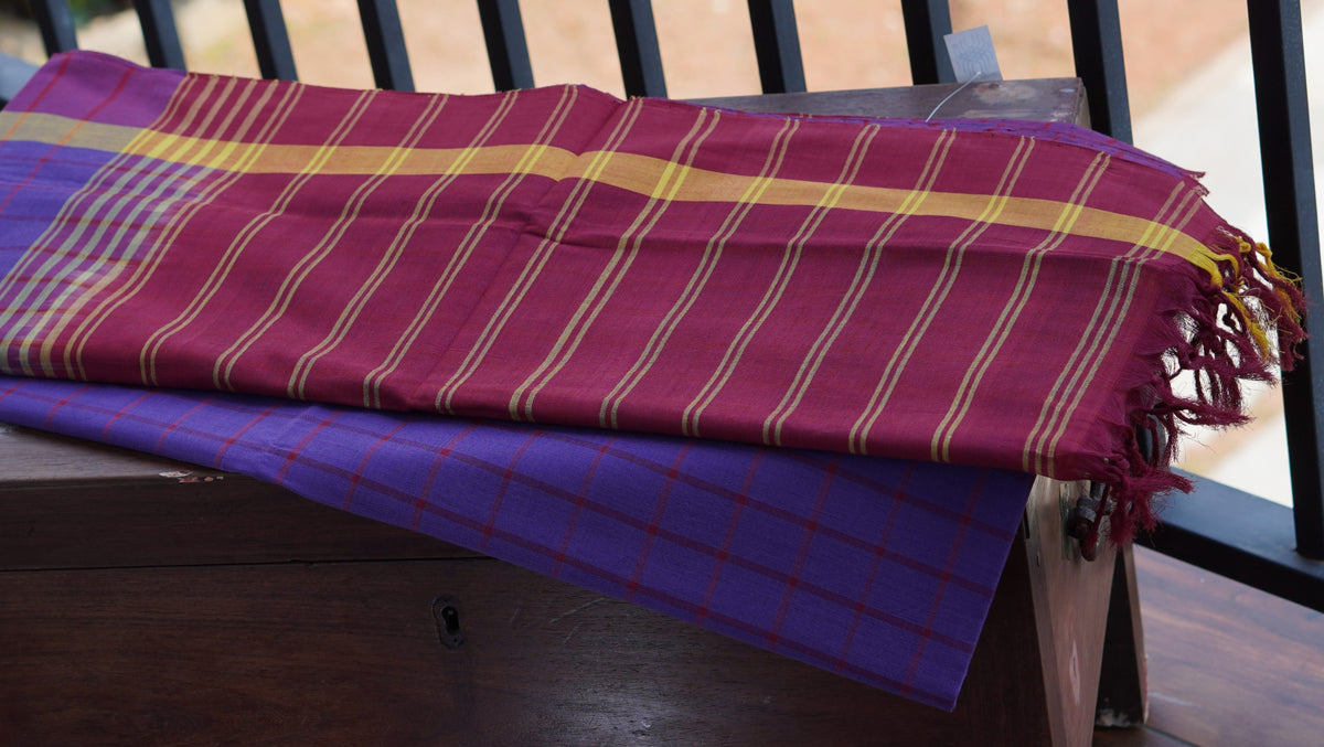 Purple Checkered Kasargod Handloom Saree With Maroon Border