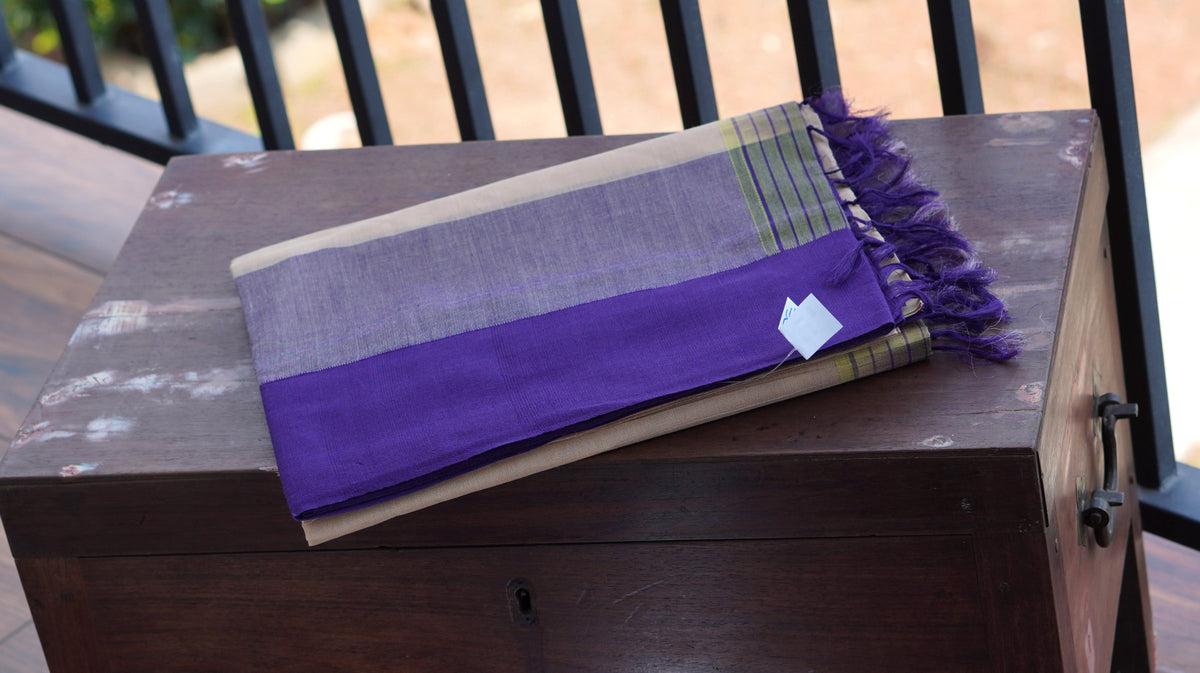 Cream Beige Kasargod Handloom Saree With Purple Border
