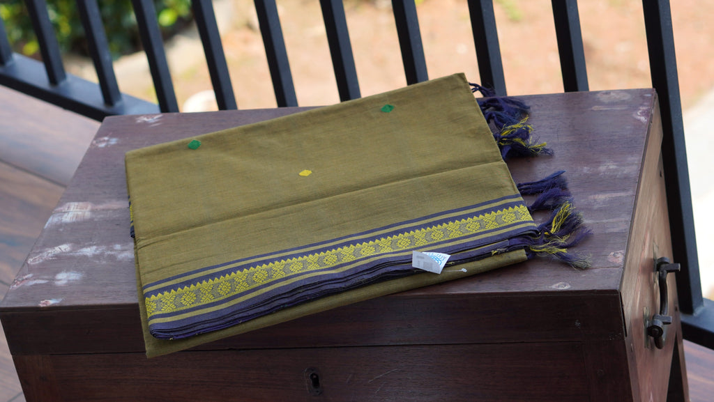 Olive Green Kasargod Handloom Saree With Yellow and Green Buttas