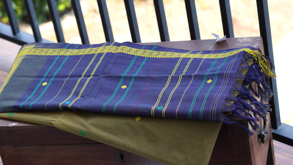 Olive Green Kasargod Handloom Saree With Yellow and Green Buttas