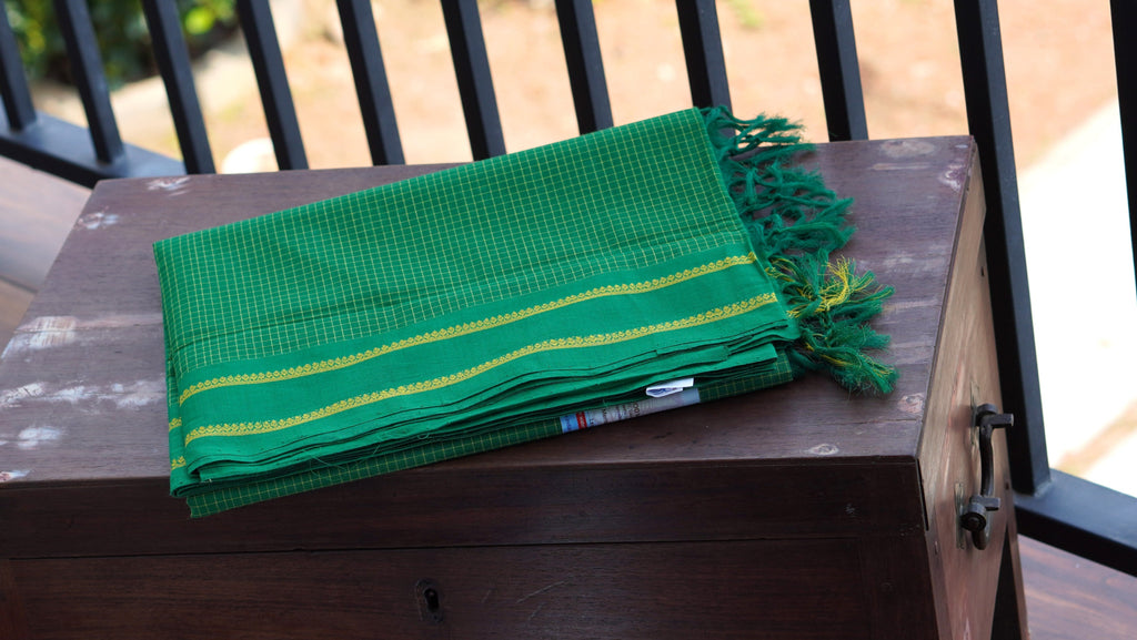 Green Small Checkered Kasargod Handloom Saree With small Yellow Border