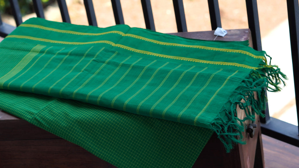 Green Small Checkered Kasargod Handloom Saree With small Yellow Border
