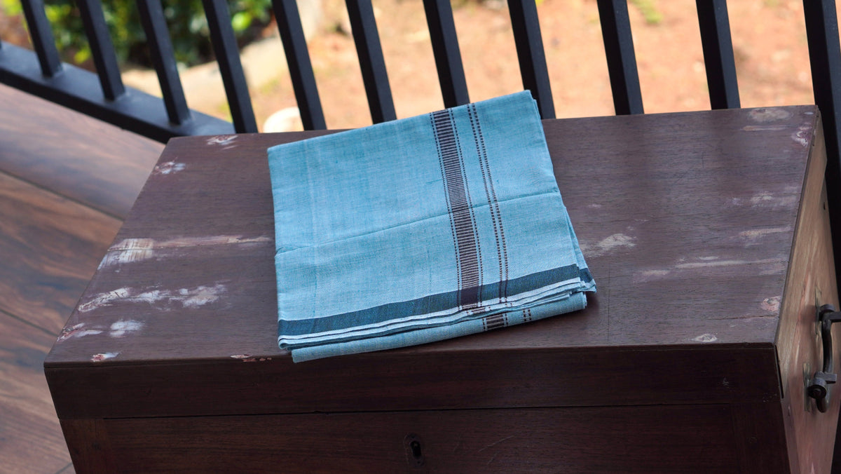 Light Blue Kasargod Handloom Mundu/Panche with Teal Border