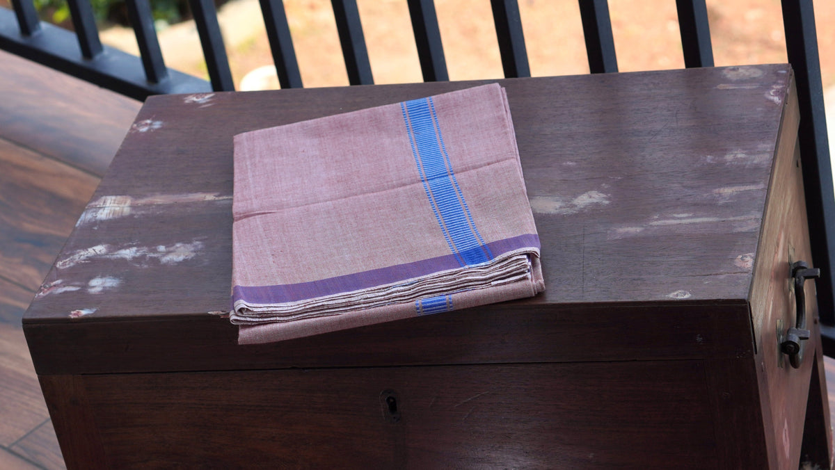 Light Brown Kasargod Handloom Mundu/Panche with Blue Border