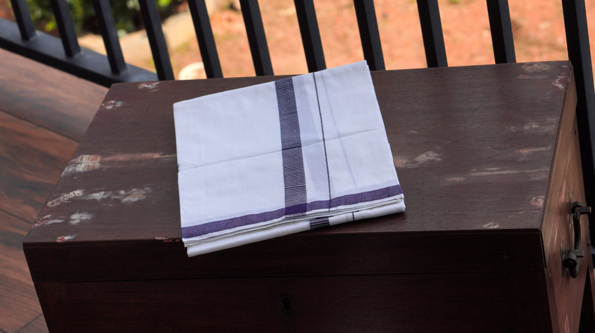 White Kasargod Handloom Dhoti/Lungi with Blue Border