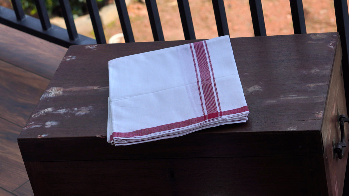 White Kasargod Handloom Dhoti/Lungi with Light Red Border