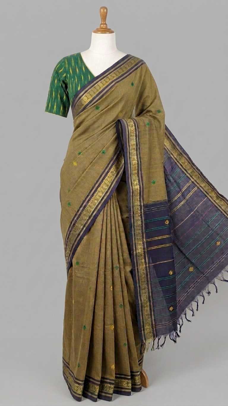 Olive Green Kasargod Handloom Saree With Yellow and Green Buttas