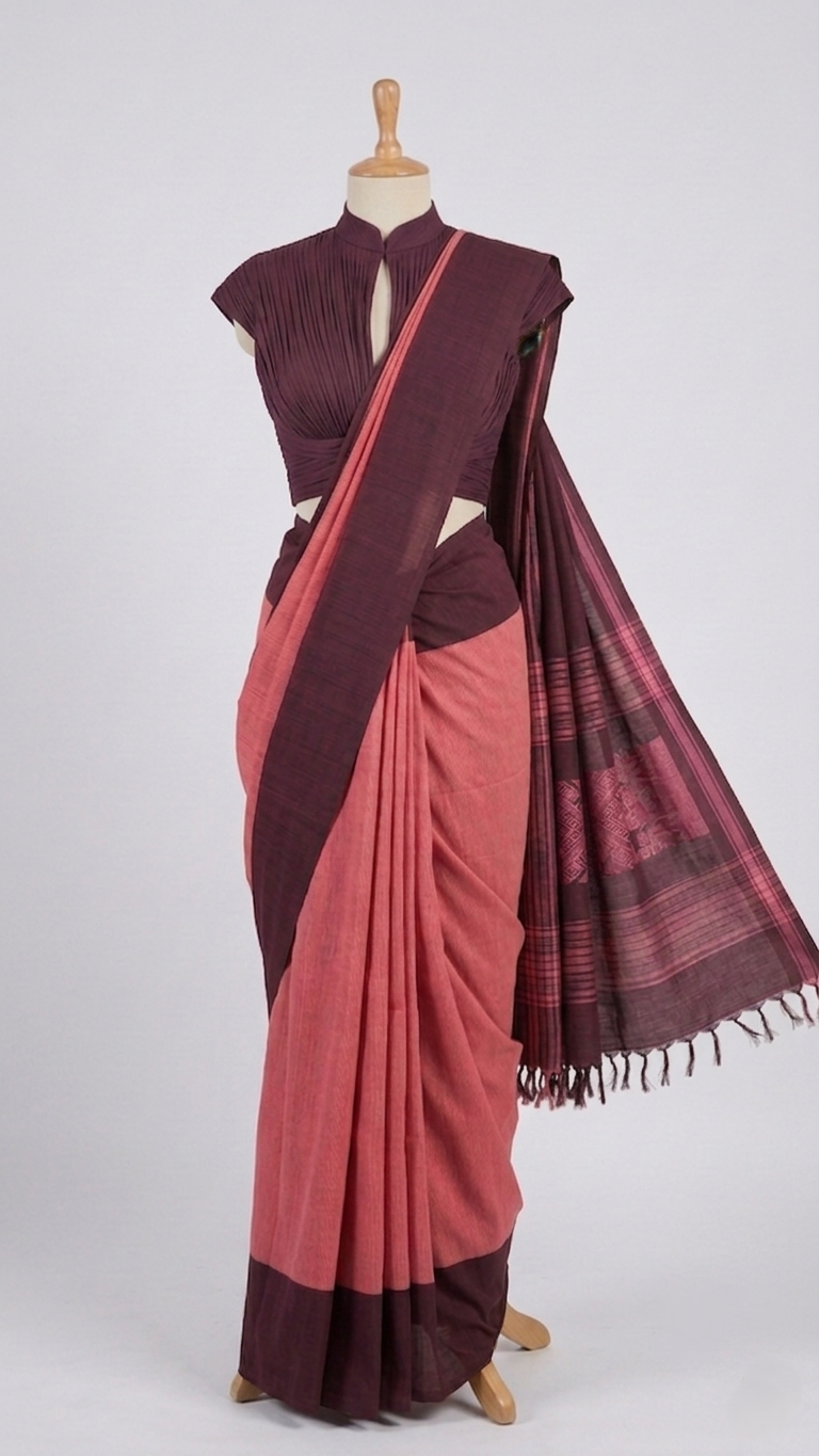 Mauve Pink Plain Kasargod Handloom Saree With Dark Brown Border