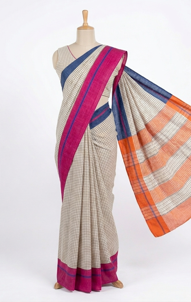 White Checkered Patteda Anchu Handloom Saree with Blue and Pink Borders