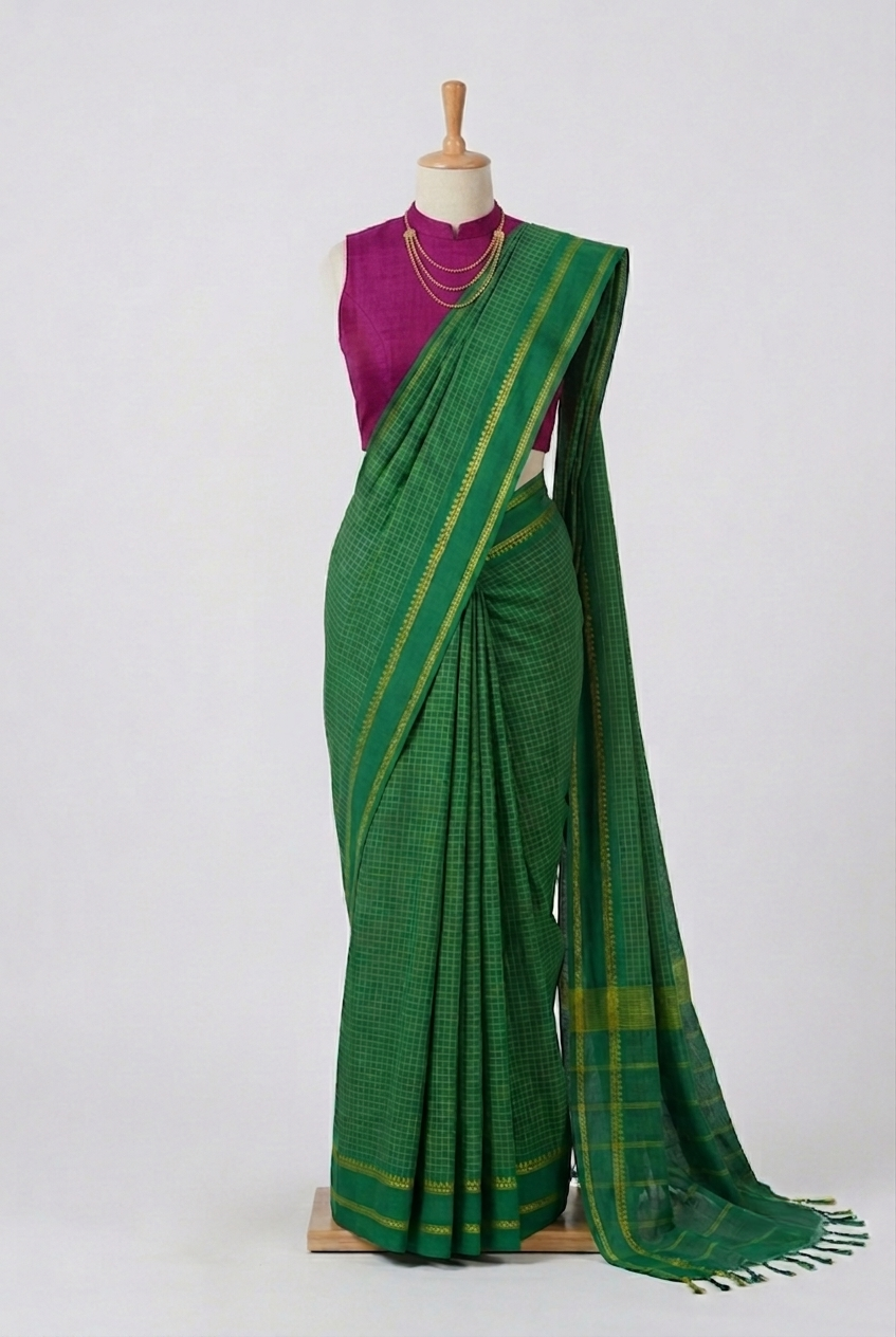 Green Small Checkered Kasargod Handloom Saree With small Yellow Border