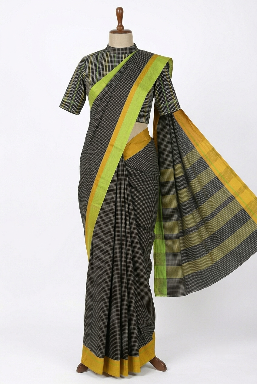 Black Checkered Patteda Anchu Handloom Saree with Green and Yellow Borders
