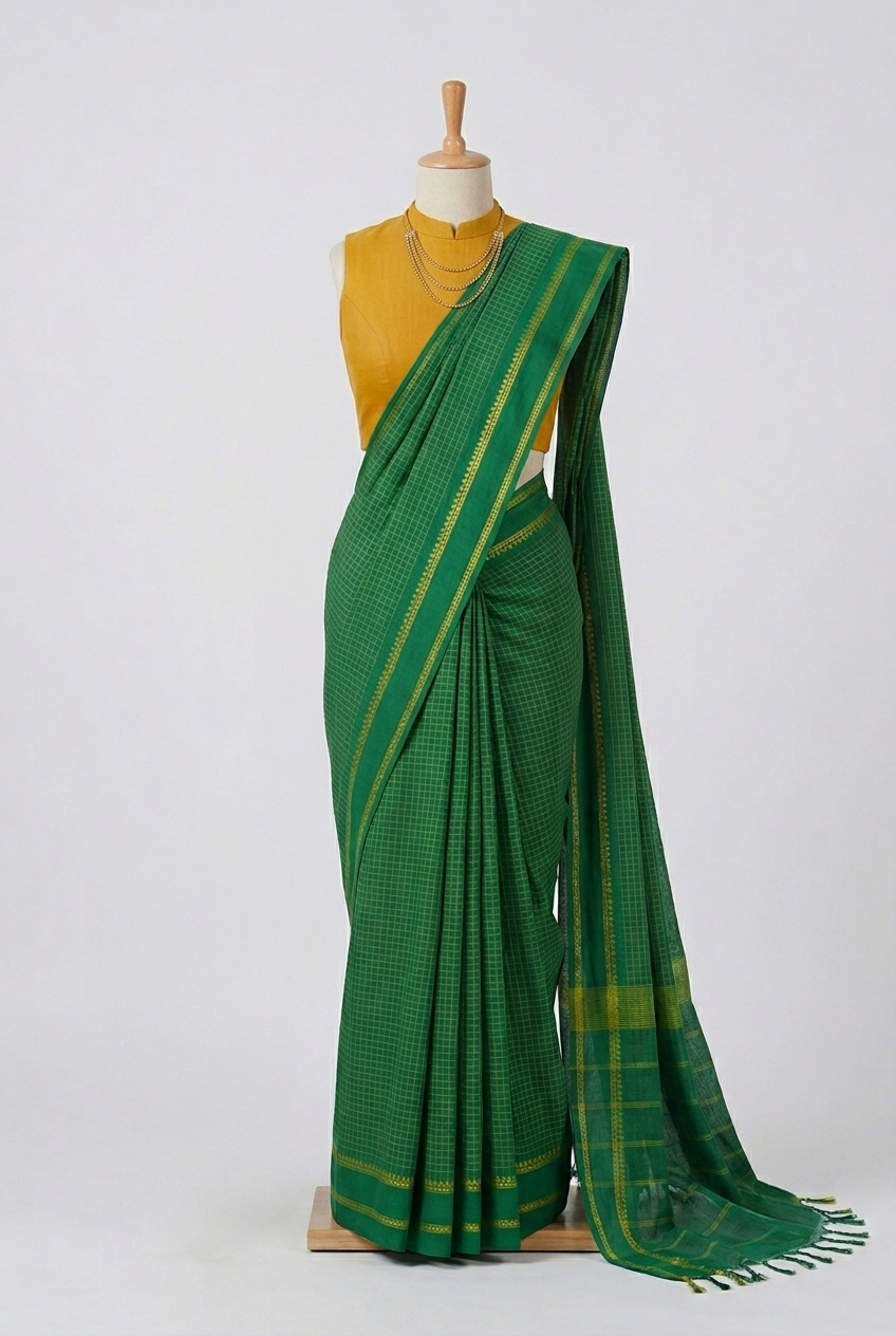 Green Small Checkered Kasargod Handloom Saree With small Yellow Border
