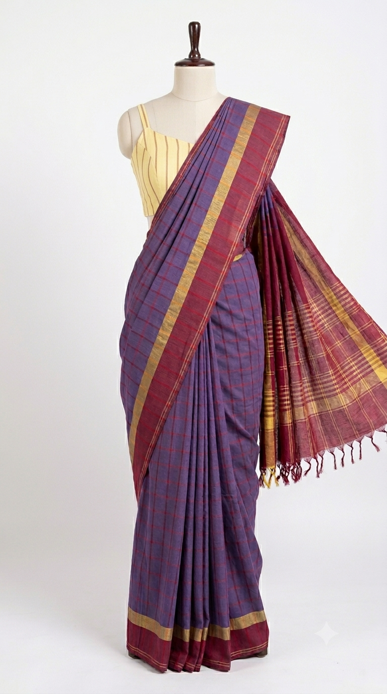 Purple Checkered Kasargod Handloom Saree With Maroon Border