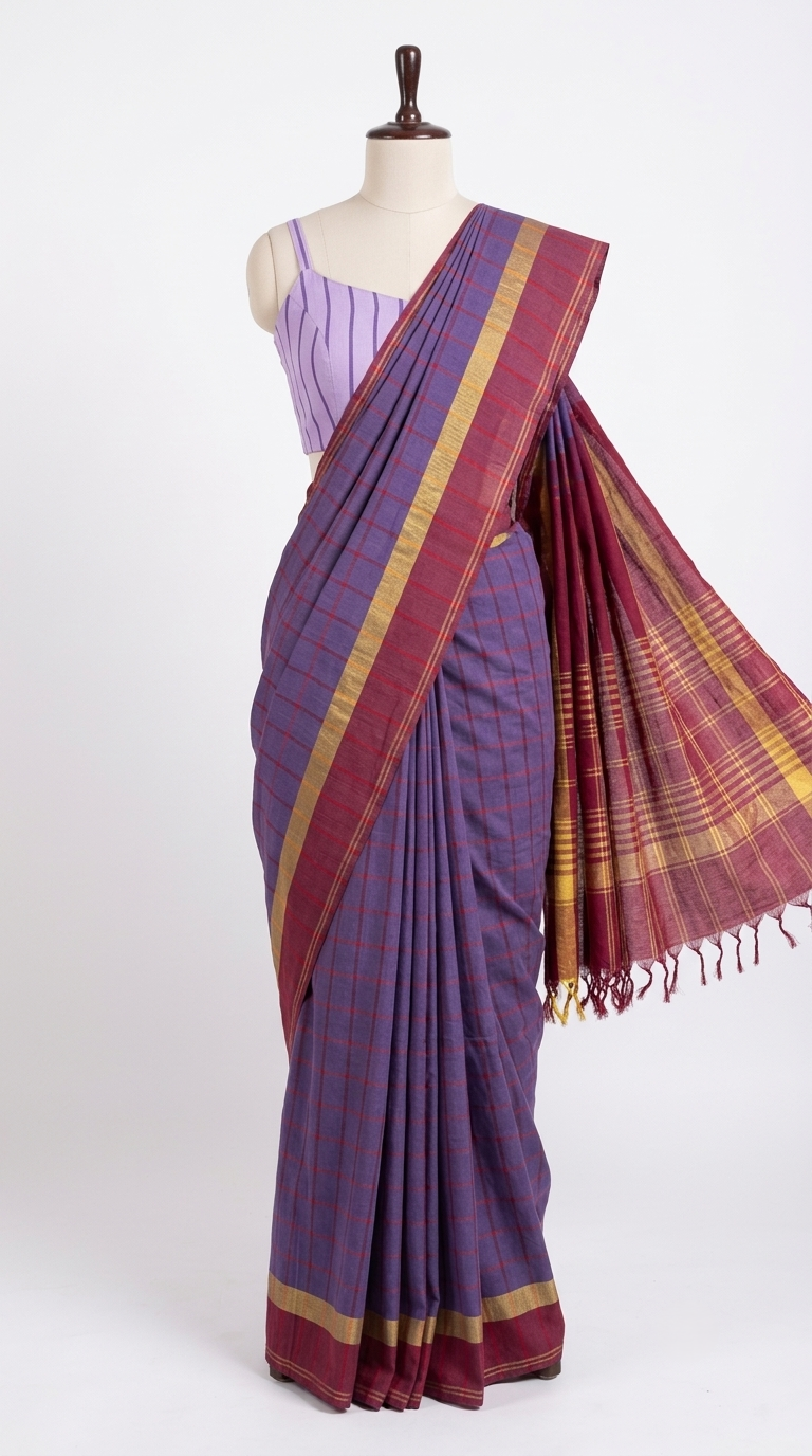 Purple Checkered Kasargod Handloom Saree With Maroon Border