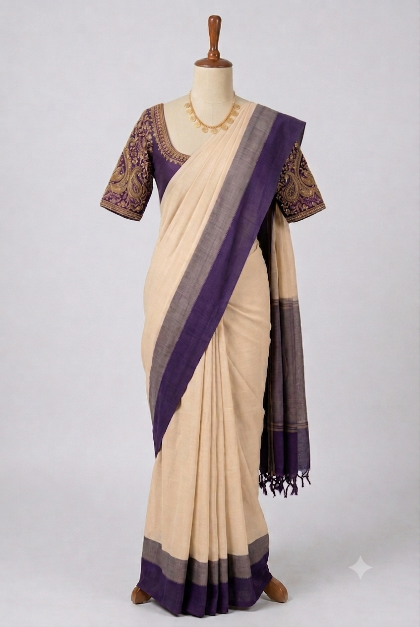 Cream Beige Kasargod Handloom Saree With Purple Border