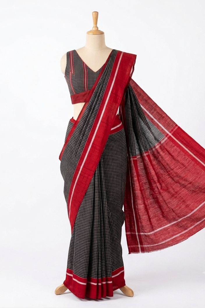 Black Checkered Patteda Anchu Handloom Saree with Dark Red Border
