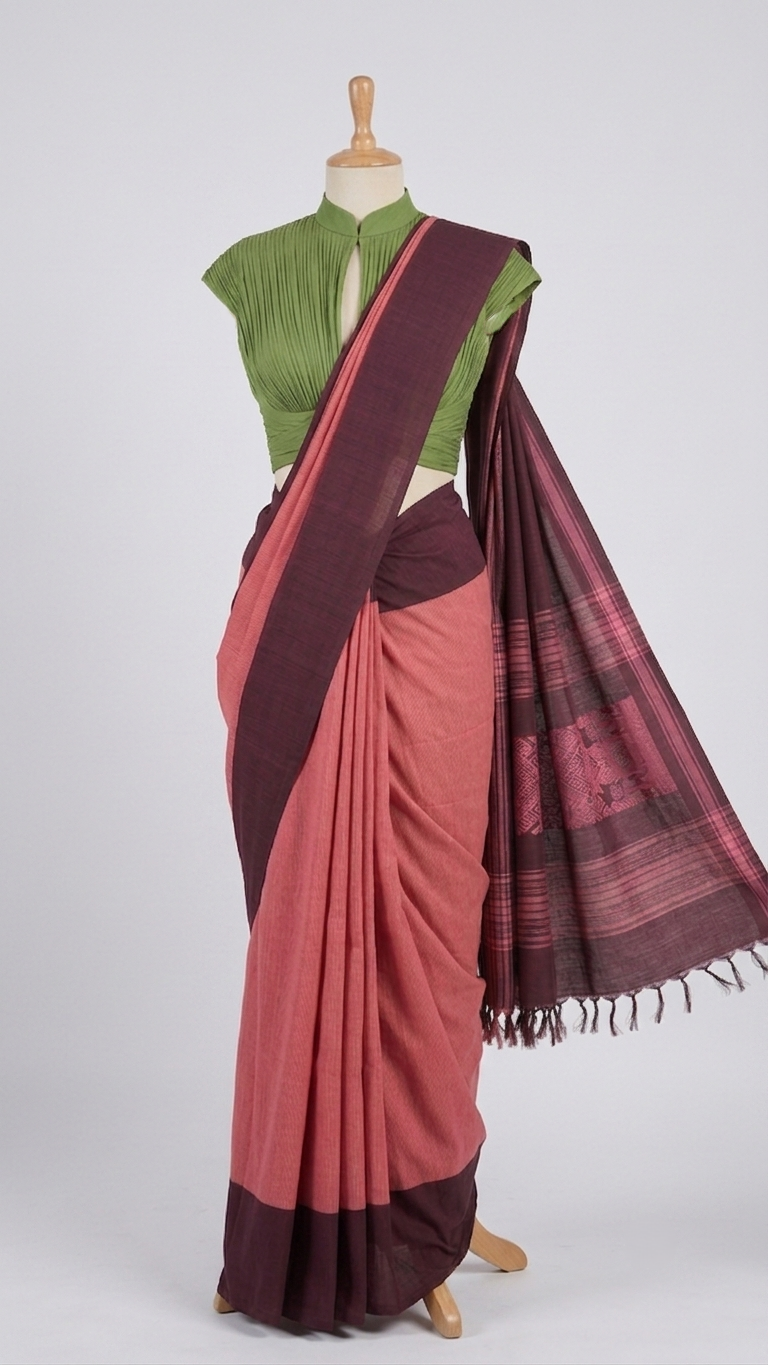Mauve Pink Plain Kasargod Handloom Saree With Dark Brown Border