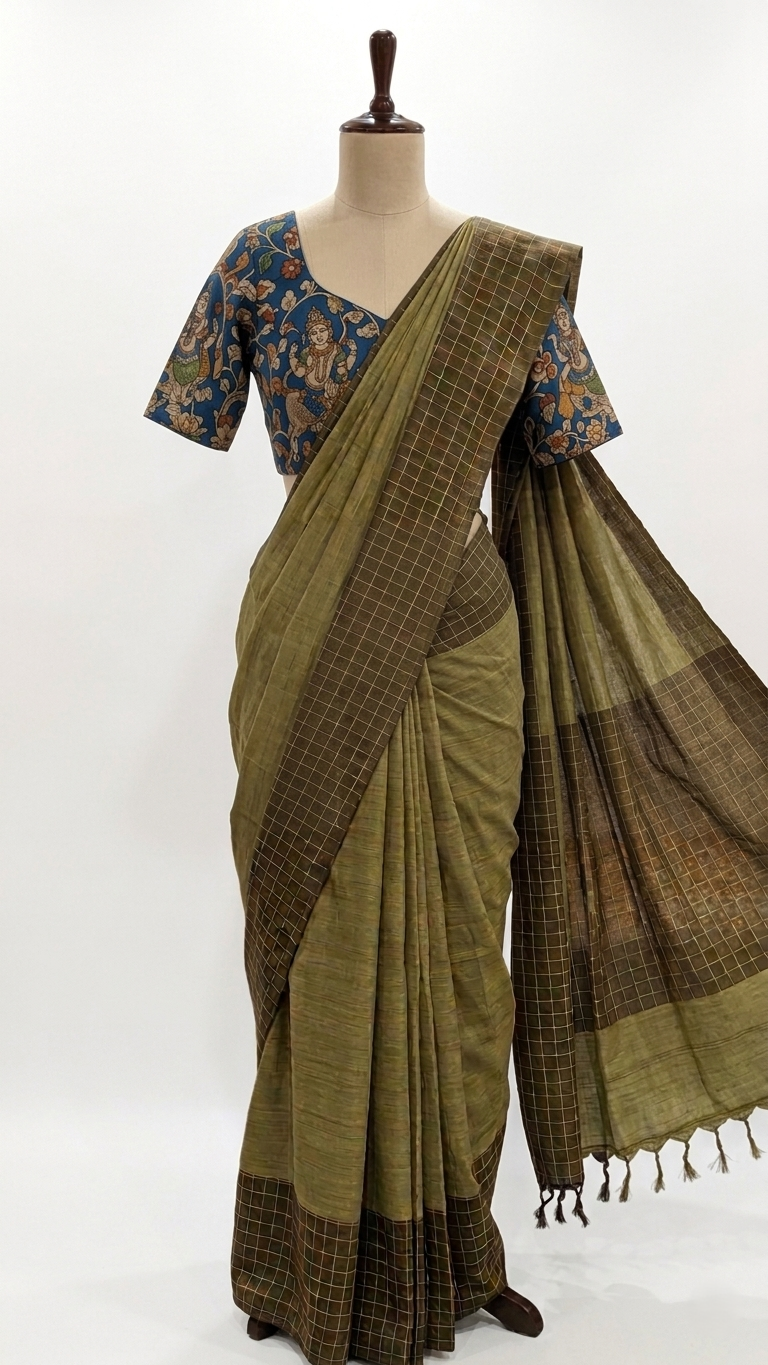 Light Green Kasargod Handloom Saree with Olive Green Checkered Border