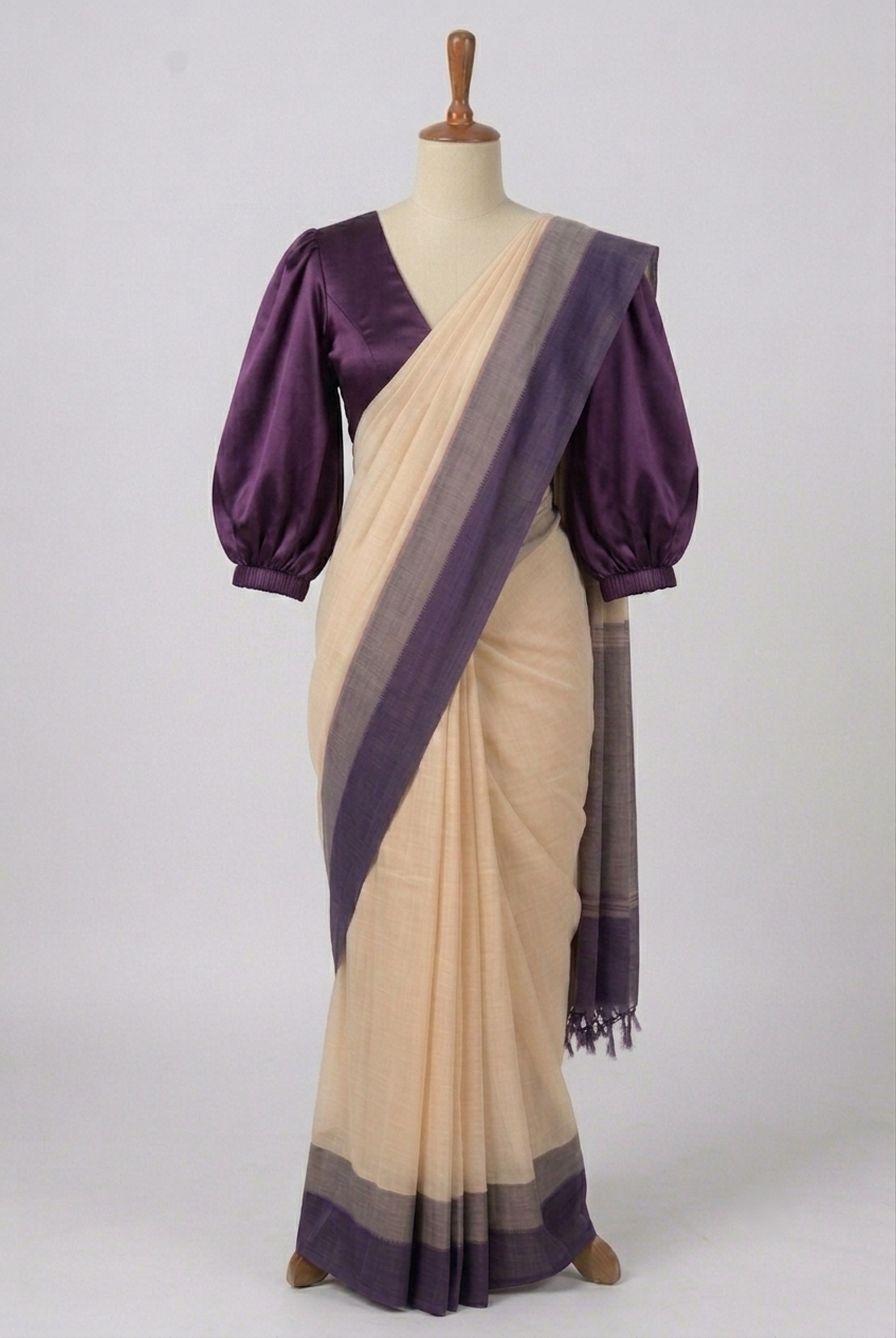 Cream Beige Kasargod Handloom Saree With Purple Border