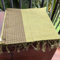 Light Green Kasargod Handloom Saree with Olive Green Checkered Border