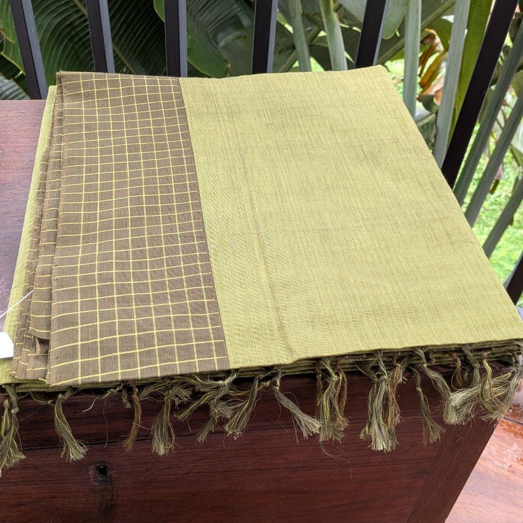 Light Green Kasargod Handloom Saree with Olive Green Checkered Border