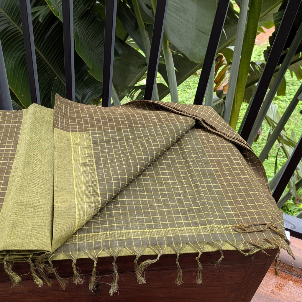 Light Green Kasargod Handloom Saree with Olive Green Checkered Border