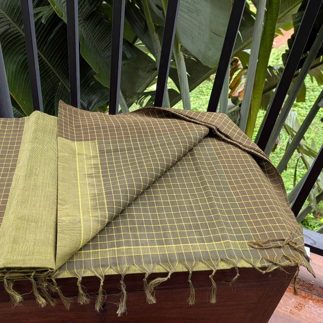 Light Green Kasargod Handloom Saree with Olive Green Checkered Border