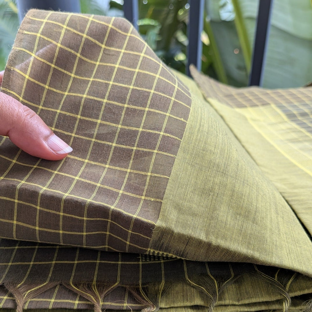 Light Green Kasargod Handloom Saree with Olive Green Checkered Border