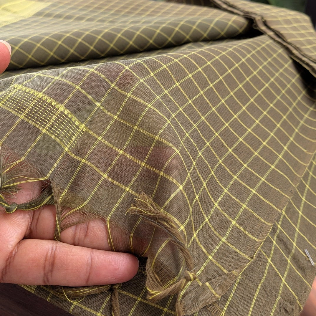 Light Green Kasargod Handloom Saree with Olive Green Checkered Border