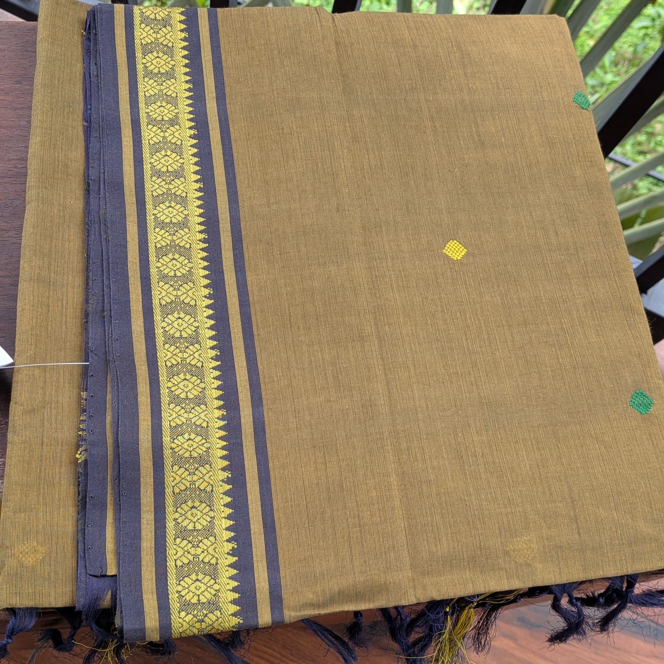 Olive Green Kasargod Handloom Saree With Yellow and Green Buttas