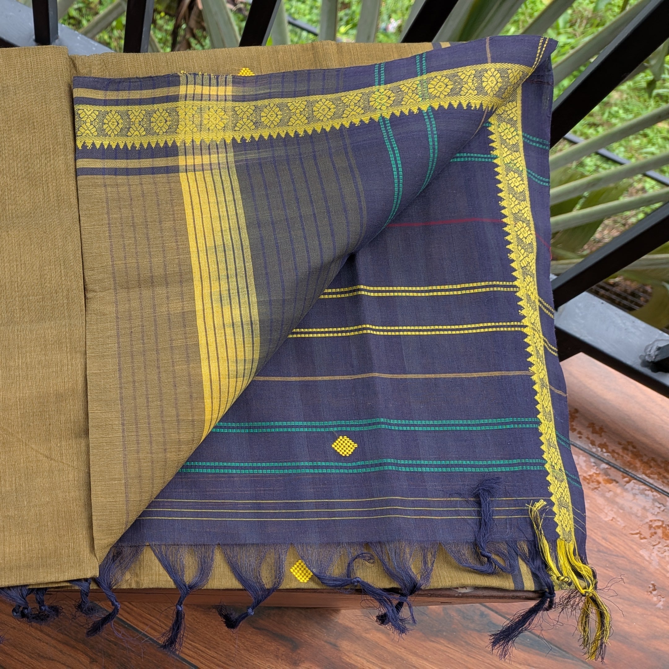 Olive Green Kasargod Handloom Saree With Yellow and Green Buttas