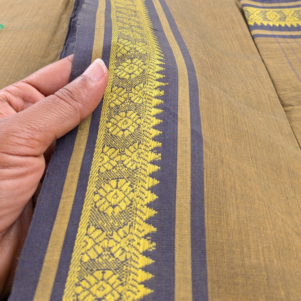 Olive Green Kasargod Handloom Saree With Yellow and Green Buttas