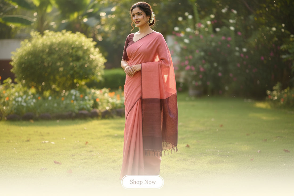 Mauve Pink Plain Kasargod Handloom Saree With Dark Brown Border