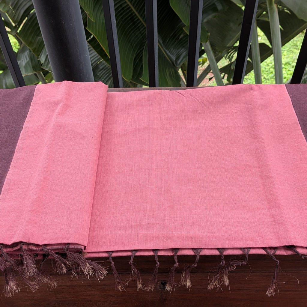 Mauve Pink Plain Kasargod Handloom Saree With Dark Brown Border