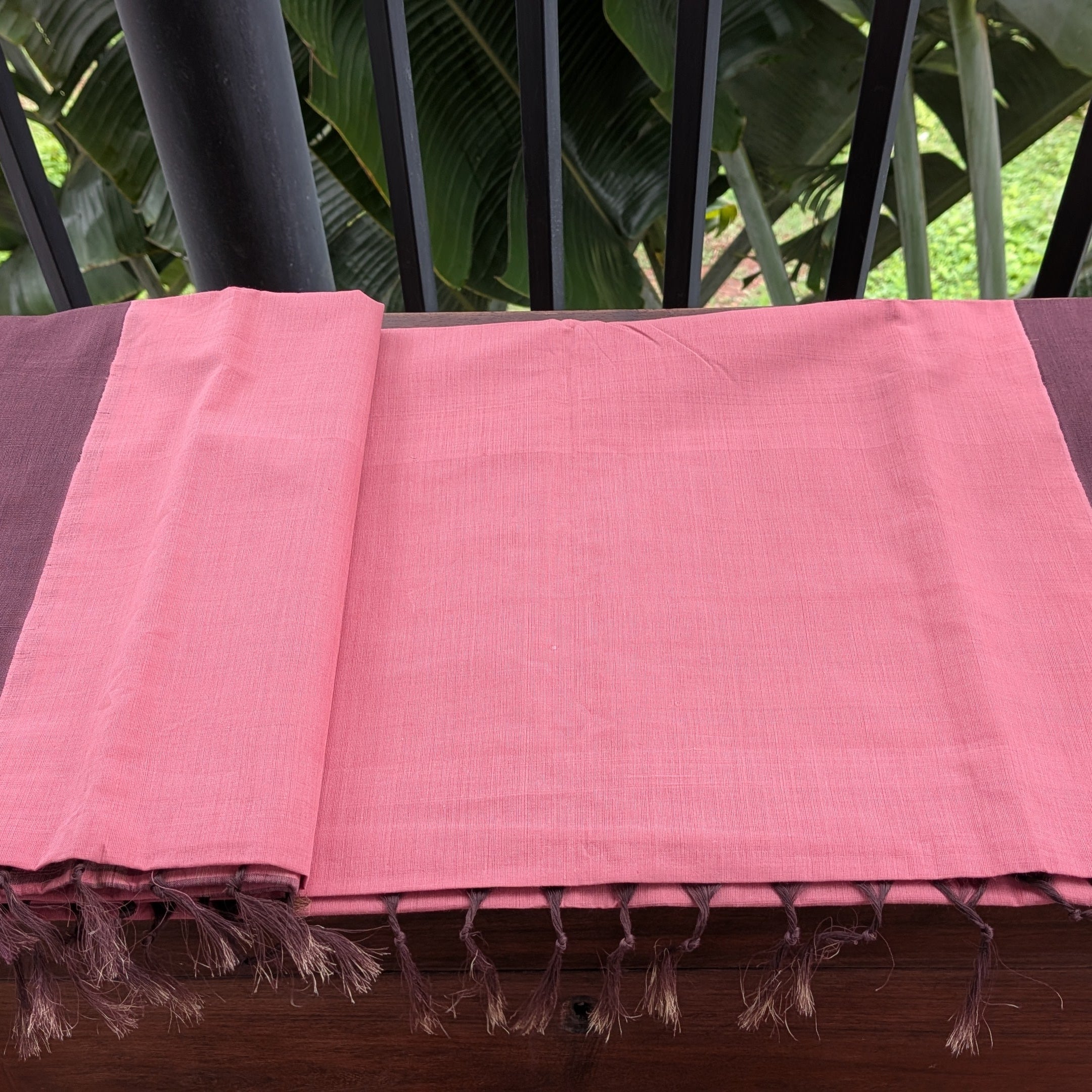 Mauve Pink Plain Kasargod Handloom Saree With Dark Brown Border