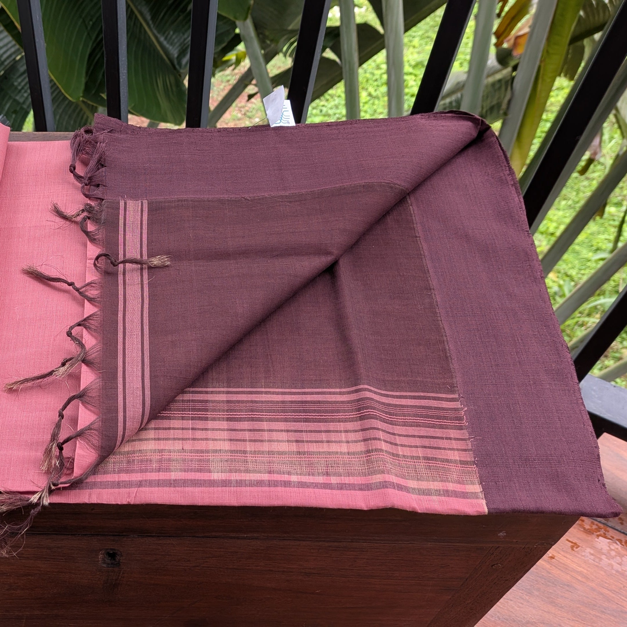 Mauve Pink Plain Kasargod Handloom Saree With Dark Brown Border